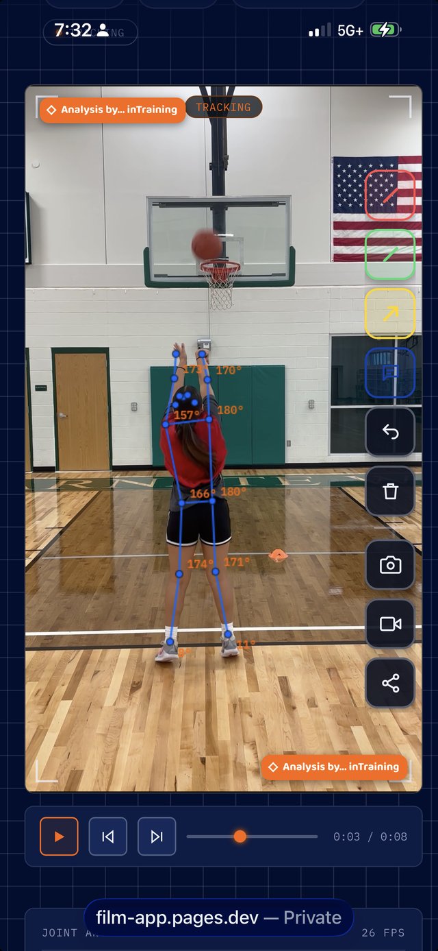 Film Analysis tracking a basketball shot, with joint angles and drawing tools shown